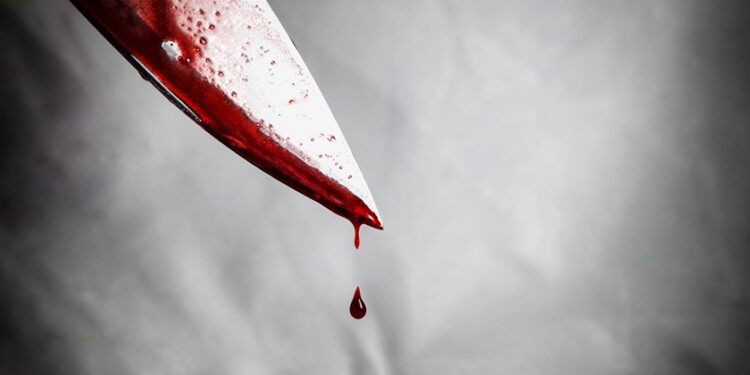 close-up of man holding knife smeared with blood and still dripping.