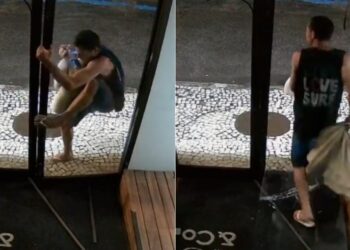 Homem conseguiu quebrar a porta de vidro sem se machucar. Foto: Reprodução/Internet