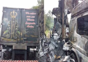 O motorista do caminhão não se feriu e a parte das portas traseiras não foram atingidas pelas chamas. Foto: Reprodução