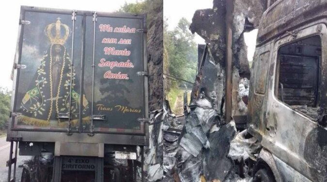 O motorista do caminhão não se feriu e a parte das portas traseiras não foram atingidas pelas chamas. Foto: Reprodução