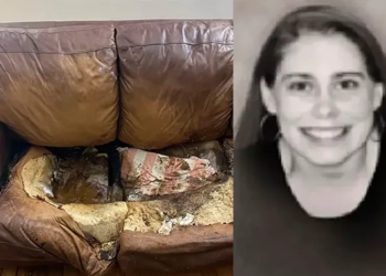 Sofá onde foi encontrado o corpo de Lacey Fletcher. Foto: Divulgação