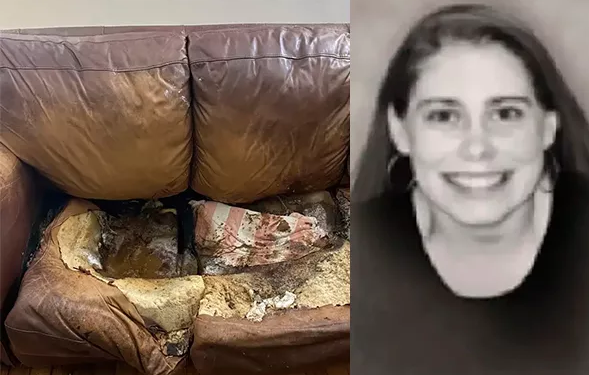 Sofá onde foi encontrado o corpo de Lacey Fletcher. Foto: Divulgação