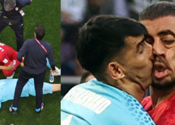 Beiranvand levou a pior em trombada com Majid Hosseini. Reprodução Getty Images