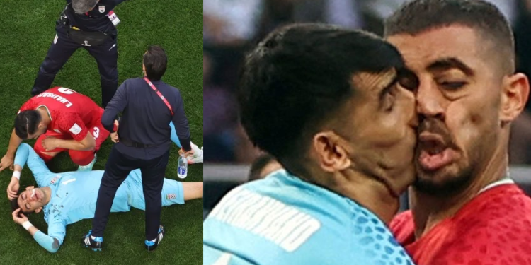 Beiranvand levou a pior em trombada com Majid Hosseini. Reprodução Getty Images