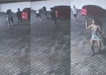 Câmeras flagraram toda a briga, que terminou com a arma do PM roubada. Foto: Reprodução