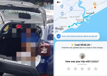 Montagem mostra carro da Guarda Municipal levando suspeito para delegacia e print da corrida no aplicativo — Foto: Guarda Civil Municipal de Itanhaém/Divulgação e Arquivo Pessoal