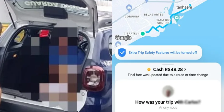 Montagem mostra carro da Guarda Municipal levando suspeito para delegacia e print da corrida no aplicativo — Foto: Guarda Civil Municipal de Itanhaém/Divulgação e Arquivo Pessoal