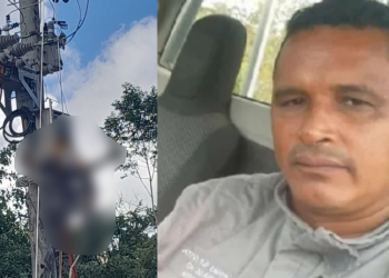 O trabalhador ficou pendurado no alto. Foto: Reprodução