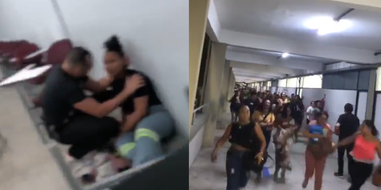 Uma aluna chegou a passar mal e aparece sendo amparada. Foto: Reprodução