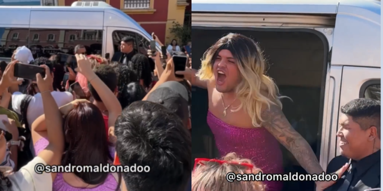 A multidão correu para a porta do veículo achando que era a cantora Lana Del Rey, mas na verdade era a Sandryele, personagem criando pelo influencer. Reprodução: Instagram / @sandromaldonadoo