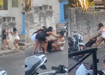 A de branco chegou a arrastar a outra pelo chão, pelos cabelos. Foto: Reprodução