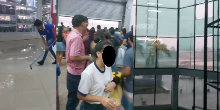 A água também invadiu o local e os clientes se aglomeraram tentando sair do centro de compras. Foto: Reprodução