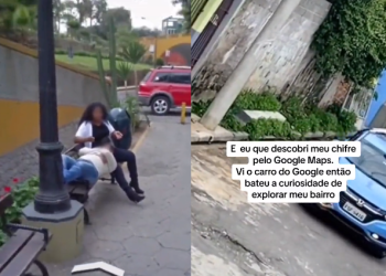 A mulher não se quietou até descobrir e ainda flagrou os dois no banco da praça. Foto: Reprodução