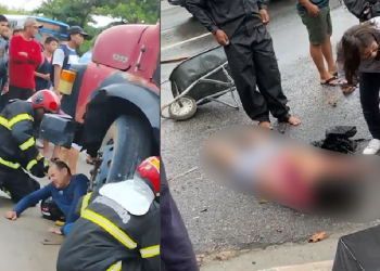 Ele 'voou' para debaixo da roda e ainda atropelou uma mulher. Foto: Reprodução