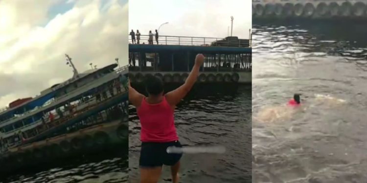Vídeo: Mulher que não iria viajar pula do barco em movimento em Coari e nada até o porto