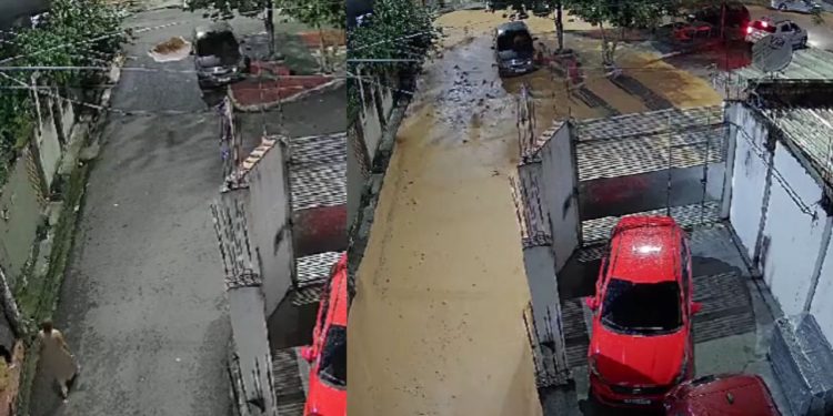 Adutora se rompe e câmera filma rua sendo inundada em segundos na zona sul de Manaus