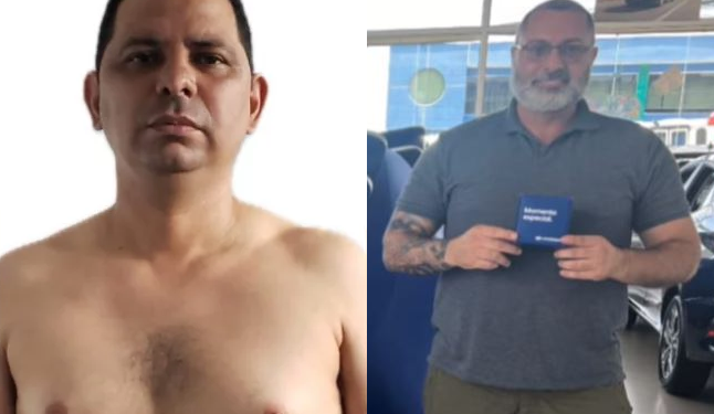 Fabrício dos Santos Gonçalves, de 42 anos (lado esquerdo), planejou todo o crime contra a vítima (direita). Foto: Reprodução