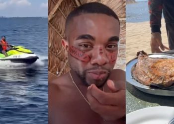 VÍDEO: Em Manaus, Davi aparece na Praia da Ponta Negra de jet ski, come Tambaqui e formiga