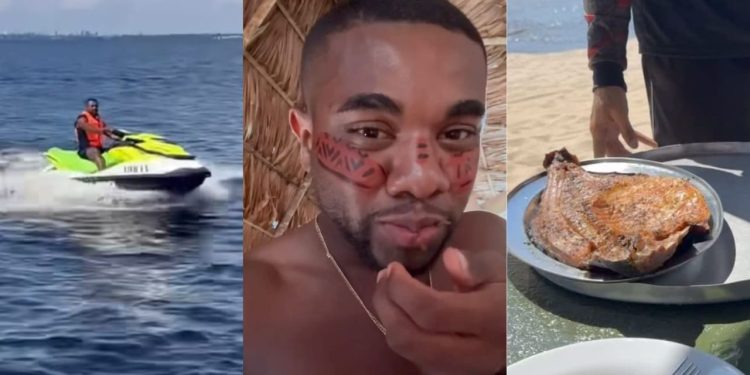VÍDEO: Em Manaus, Davi aparece na Praia da Ponta Negra de jet ski, come Tambaqui e formiga