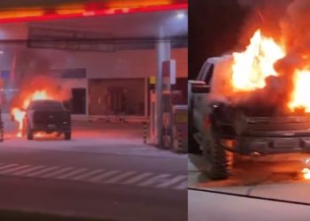 Carro começa a pegar fogo em posto de combustível na avenida do Turismo