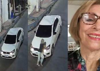 Nas imagens, o carro estava parado e ela aproveitou para atravessar. Foto: Reprodução