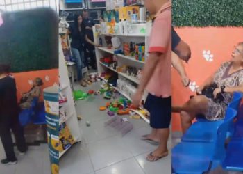 Vídeo: Idosa invade clínica veterinária no Tancredo Neves e sai quebrando tudo