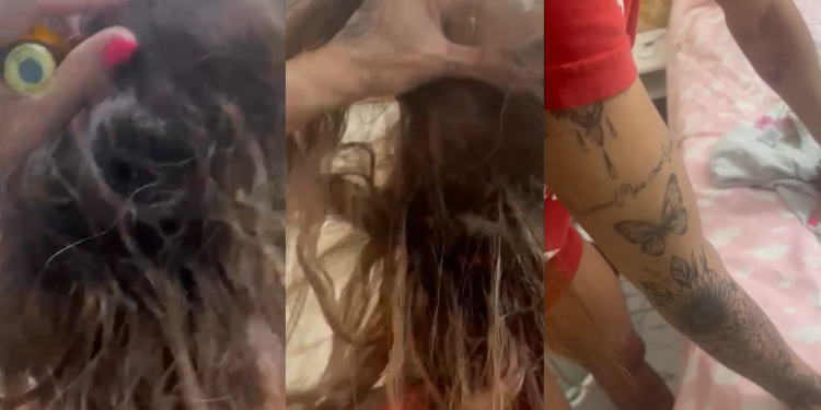Cleusimar puxa a filha, abre o couro cabeludo dela e faz questão de filmar. Foto: Reprodução