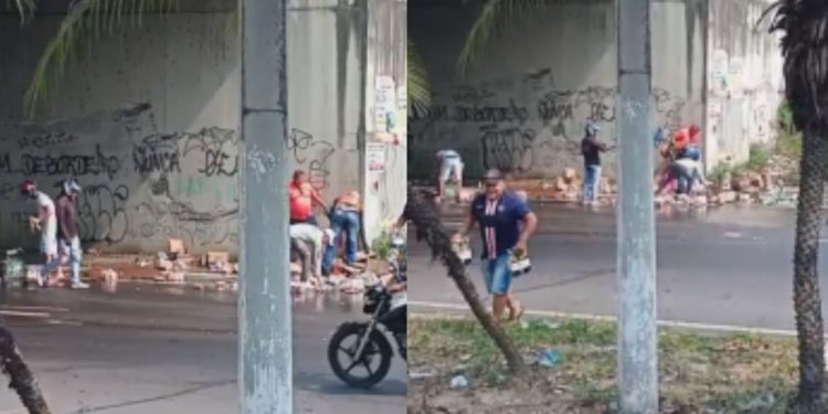 Vídeo: Caminhão da Ambev tomba e manauaras aproveitam para pegar refrigerantes de graça: "quem quiser"