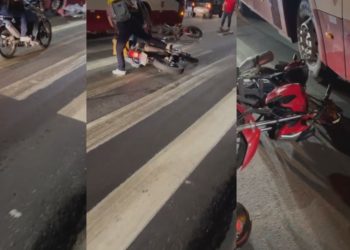 Óleo na pista derruba cerca de 10 motociclistas na Constantino Nery; um ficou preso debaixo de ônibus