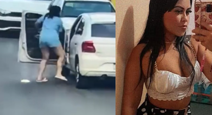 A jovem acerta golpes numa pessoa que está dentro do veículo. Foto: Reprodução