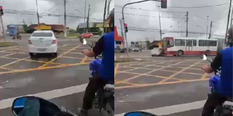 Motorista impaciente avança o sinal vermelho e é ating1d0 por ônibus na Cidade Nova
