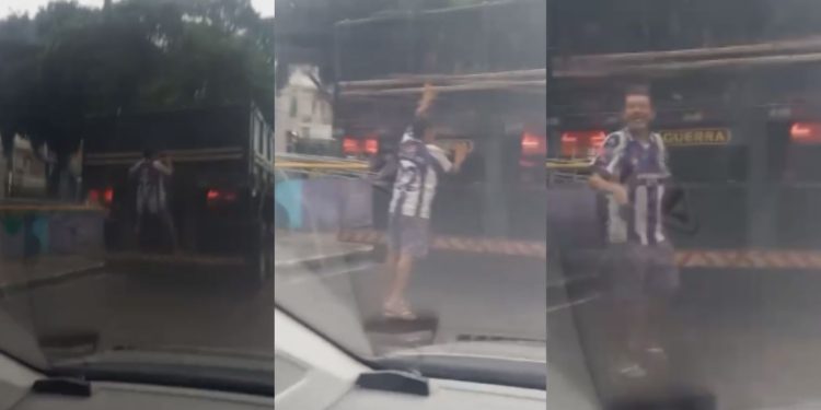 Vídeo: Homem 'pura cachaça' se pendura em carreta na Compensa e sai rindo para os motoristas