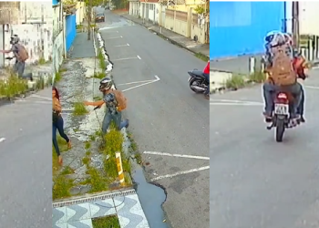 Câmeras de segurança registraram o momento em que uma mulher foi surpreendida por dois criminosos. Foto: Reprodução