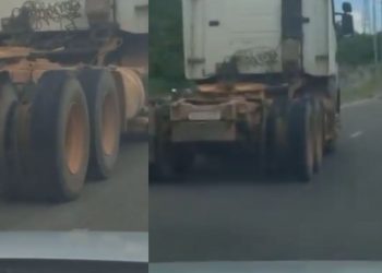 'Tá fumaçando': vídeo mostra caminhão andando com o pneu estourado na Cosme Ferreira