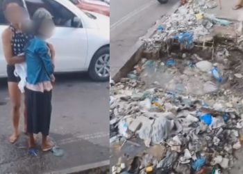Vídeo: Idosa cai em bueiro aberto e quase se af0ga em rua tomada pelo lixo em Manaus