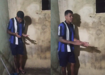 É possível ver o suspeito sendo interrogado por outros criminosos antes de ser agredido. Foto: Reprodução