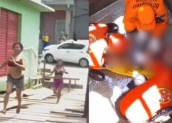 VÍDEO: Mulher cai de ponte após ser esf4que4d4 nas costas durante brig4 no interior do Amazonas