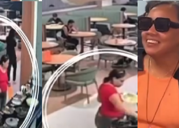 Nas imagens, a mulher vai até um estabelecimento que funciona com self-service. Foto: Reprodução