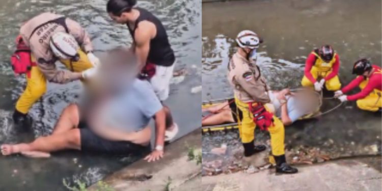 Veja: Bombeiros resgatam homem com obesidade que caiu em igarapé e não conseguiu sair em Petrópolis