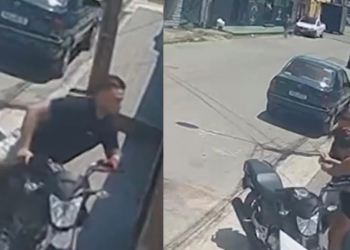 O episódio ganhou maior gravidade quando o suspeito, ainda durante a investida, colidiu sua motocicleta contra o portão do estabelecimento. Foto: Reprodução