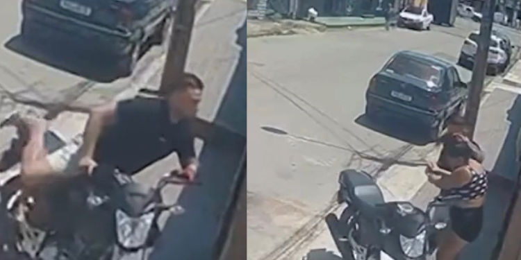 O episódio ganhou maior gravidade quando o suspeito, ainda durante a investida, colidiu sua motocicleta contra o portão do estabelecimento. Foto: Reprodução