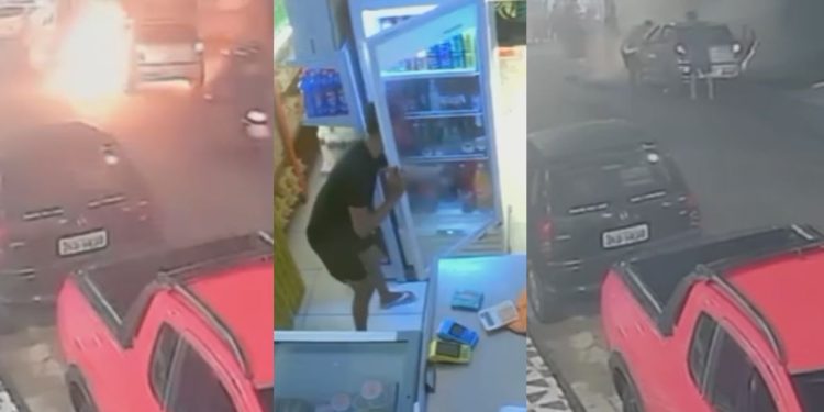 Vídeo: Carro pega fogo e jovem salva família ao usar refrigerante para conter chamas em Manaus