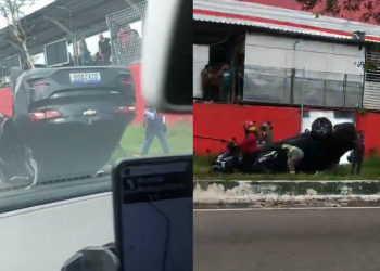 O carro atingiu o meio-fio com a roda dianteira direita, o que fez com que perdesse o equilíbrio e capotasse na via. Foto: Reprodução