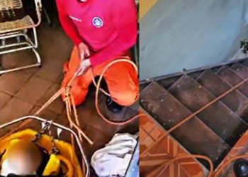 Vídeo: Bombeiros resgatam idosa que caiu em área de difícil acesso no Lírio do Vale