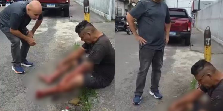 A presença do homem com marcas de sangue chamou a atenção de policiais que estavam nas imediações da delegacia. Foto: Reprodução