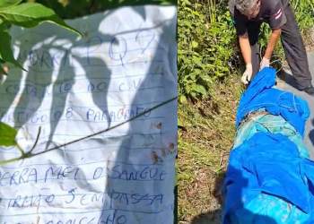 o corpo estava envolto em lonas e amarrado por cordas. Foto: Reprodução