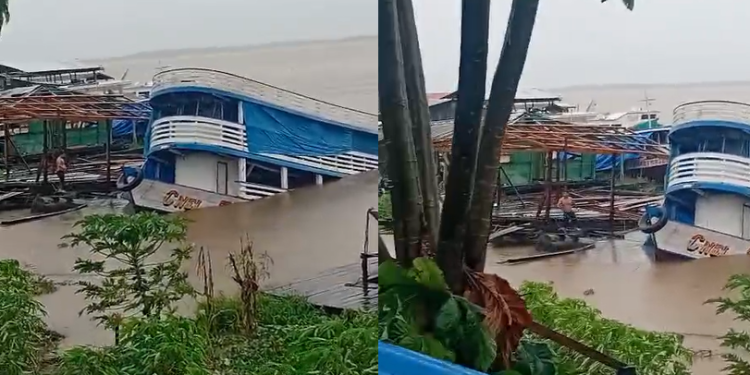 Uma embarcação batizada com o nome “C. Nel Tavares” afundou nas proximidades do porto da região central da cidade. Foto: Reprodução