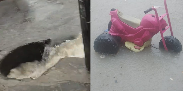 Imagens gravadas por um morador mostram a rua completamente tomada pela água. Foto: Reprodução