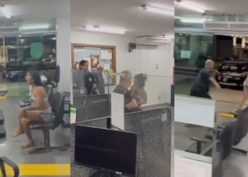 Vídeo: Mulher trans faz barraco em delegacia, toma celular de agente e tenta fugir