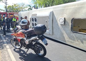 Antes de tombar e bloquear a via, o coletivo ainda bateu em uma árvore. Foto: Reprodução